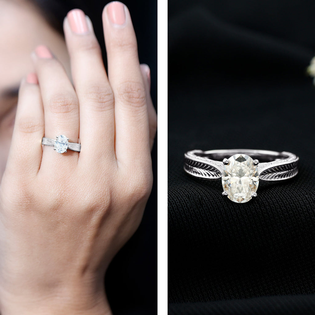 1 Carat Solitaire Moissanite Oval Engagement Ring with Engraving