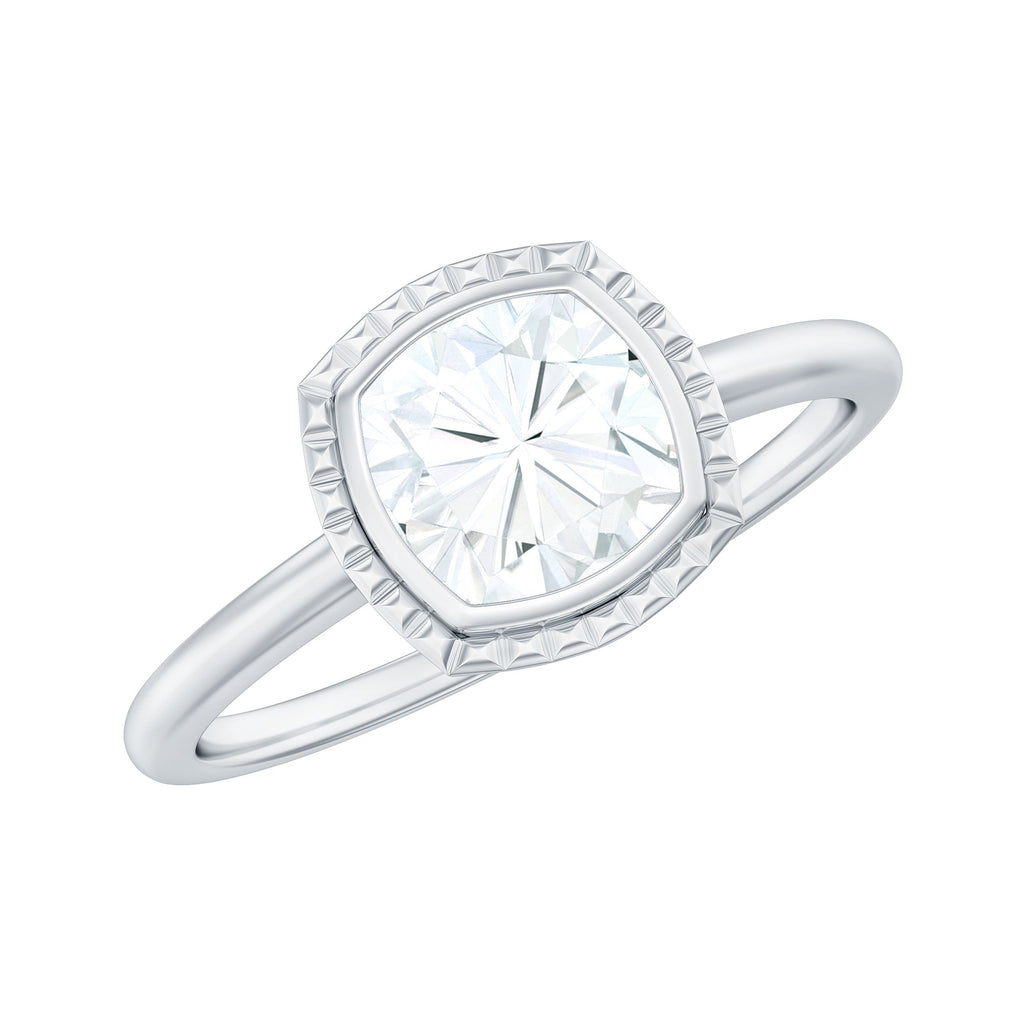 1.7 Carat Cushion Cut Moissanite Solitaire Ring in Bezel Setting