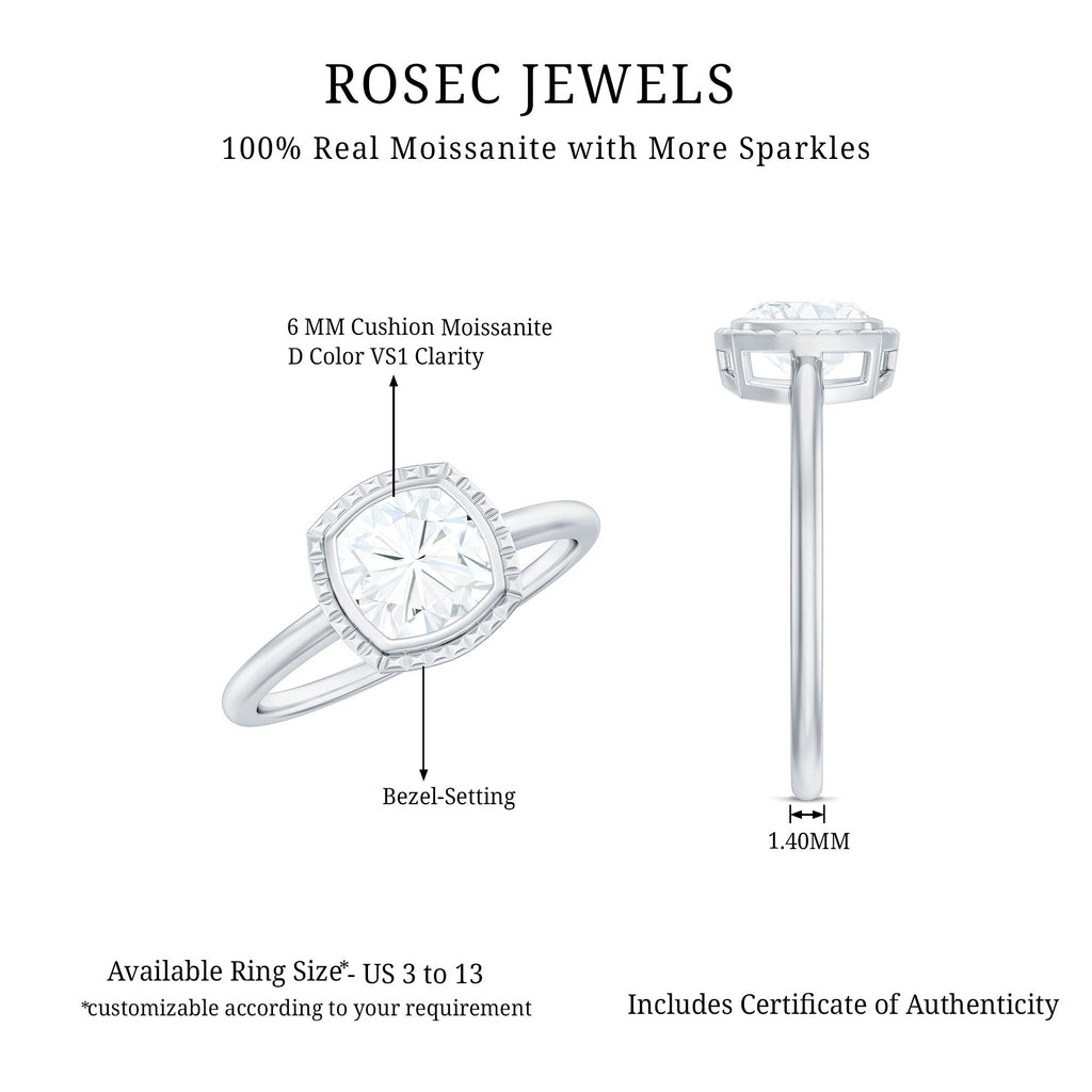 1.7 Carat Cushion Cut Moissanite Solitaire Ring in Bezel Setting