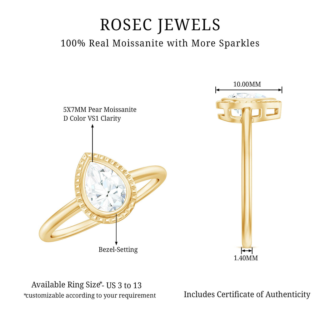 Pear Shaped Moissanite Solitaire Engagement Ring in Bezel Setting