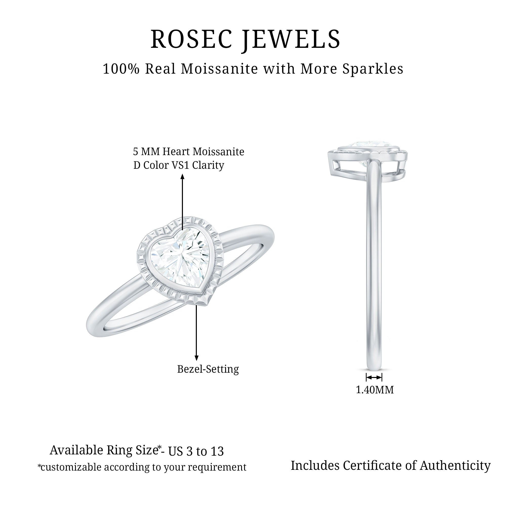 0.5 Carat Moissanite Heart Promise Ring in Bezel Setting