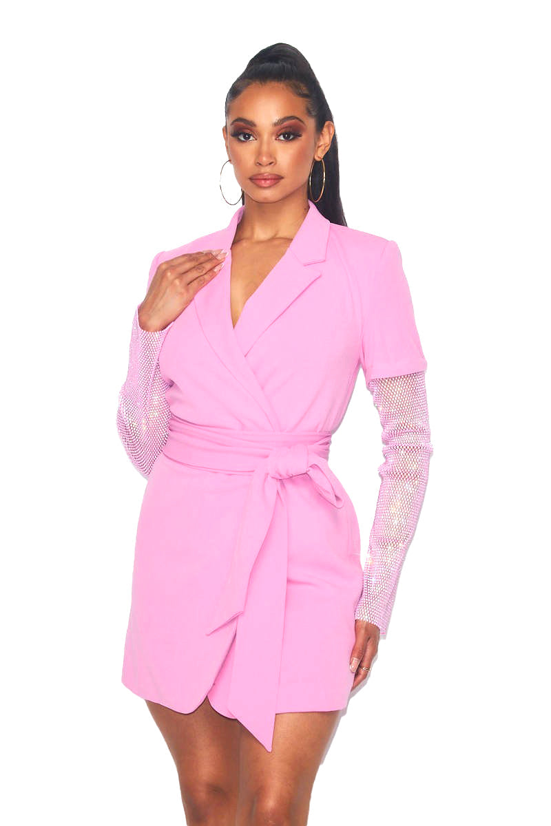 Belted Rhinestone Sleeve Sports Blazer Jacket