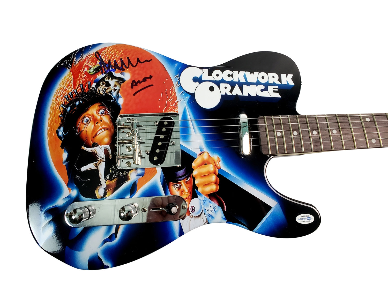 Clockwork Orange Malcolm McDowell Autographed Graphics Photo Guitar ACOA Witness ITP