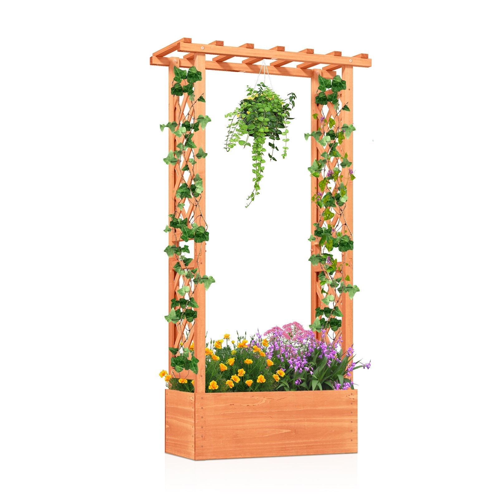 Raised Garden Bed with Side Trellis and Hanging Roof and Drainage Hole-Orange