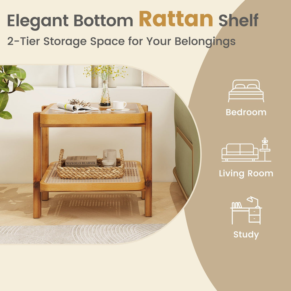 Rattan 2-Tier End Side Table with Tempered Glass Top Acacia Wood Legs-Brown