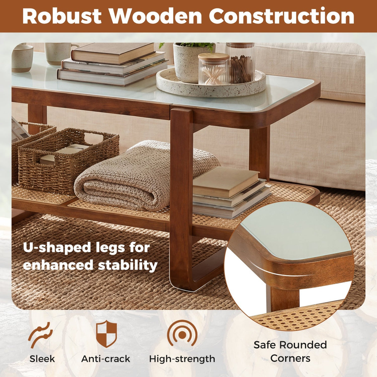 Rattan Coffee Table with Tempered Glass Top and Storage Shelf