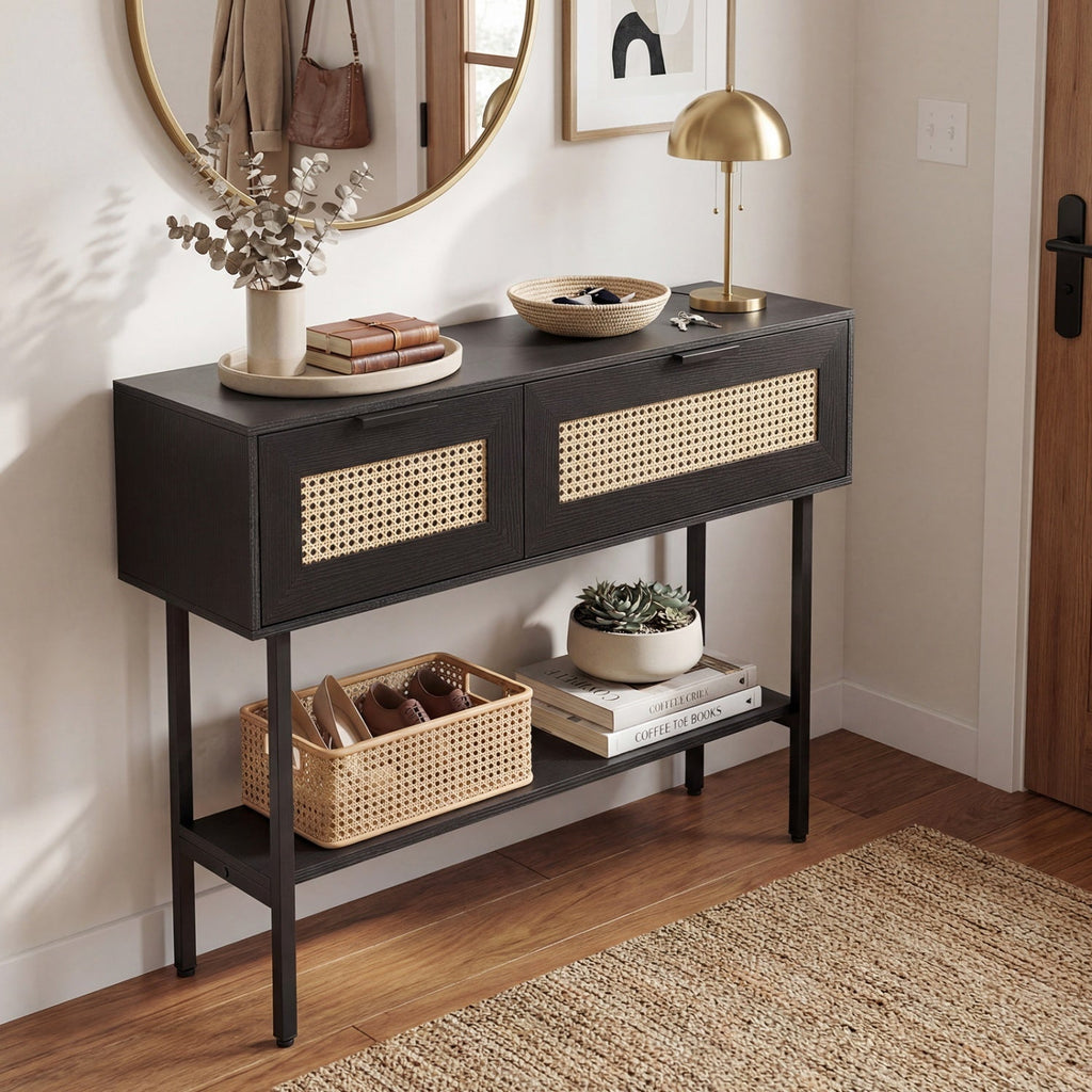 Rattan Console Table with 2 Storage Cabinets Shelf Carbon Steel Frame