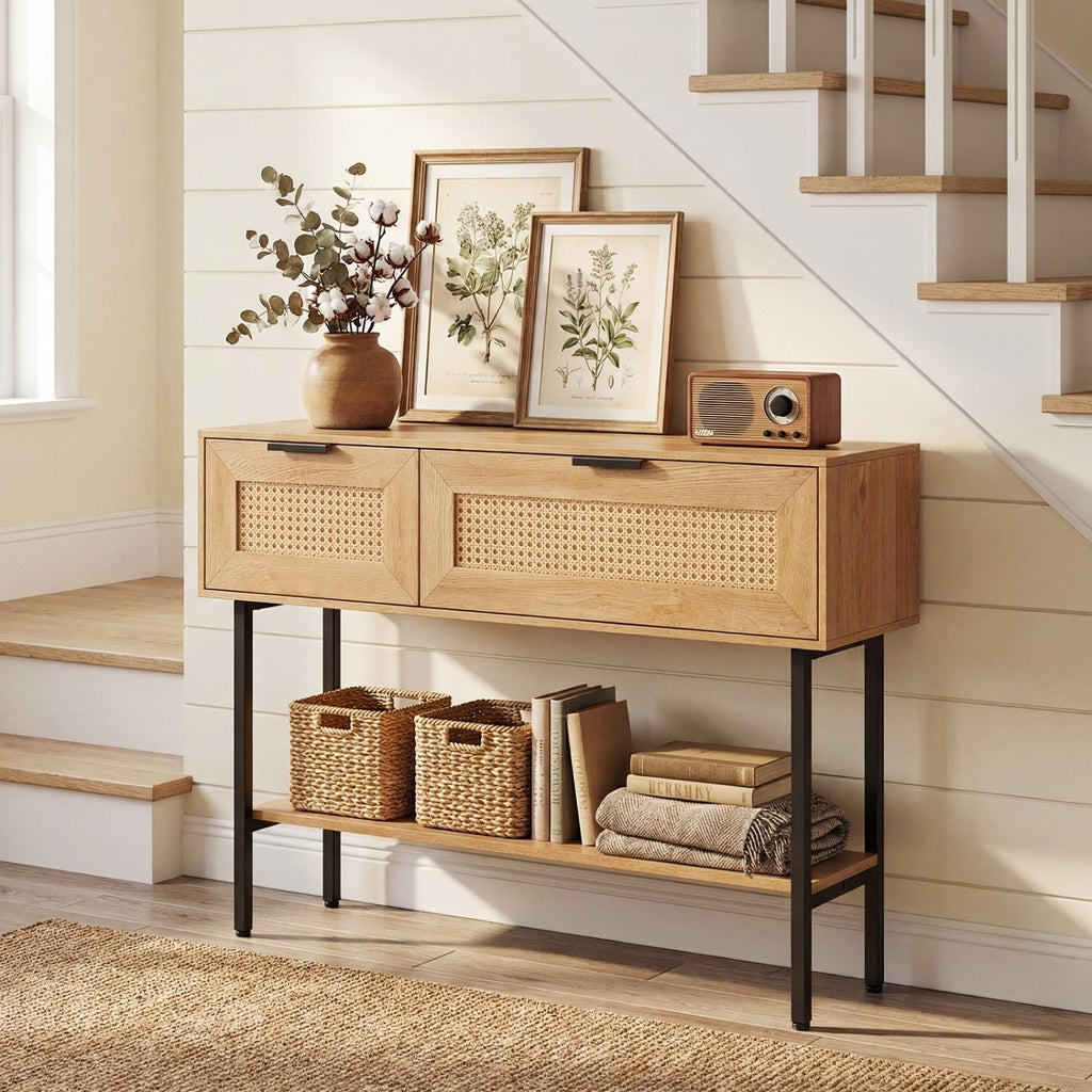 Rattan Console Table with 2 Storage Cabinets Shelf Carbon Steel Frame