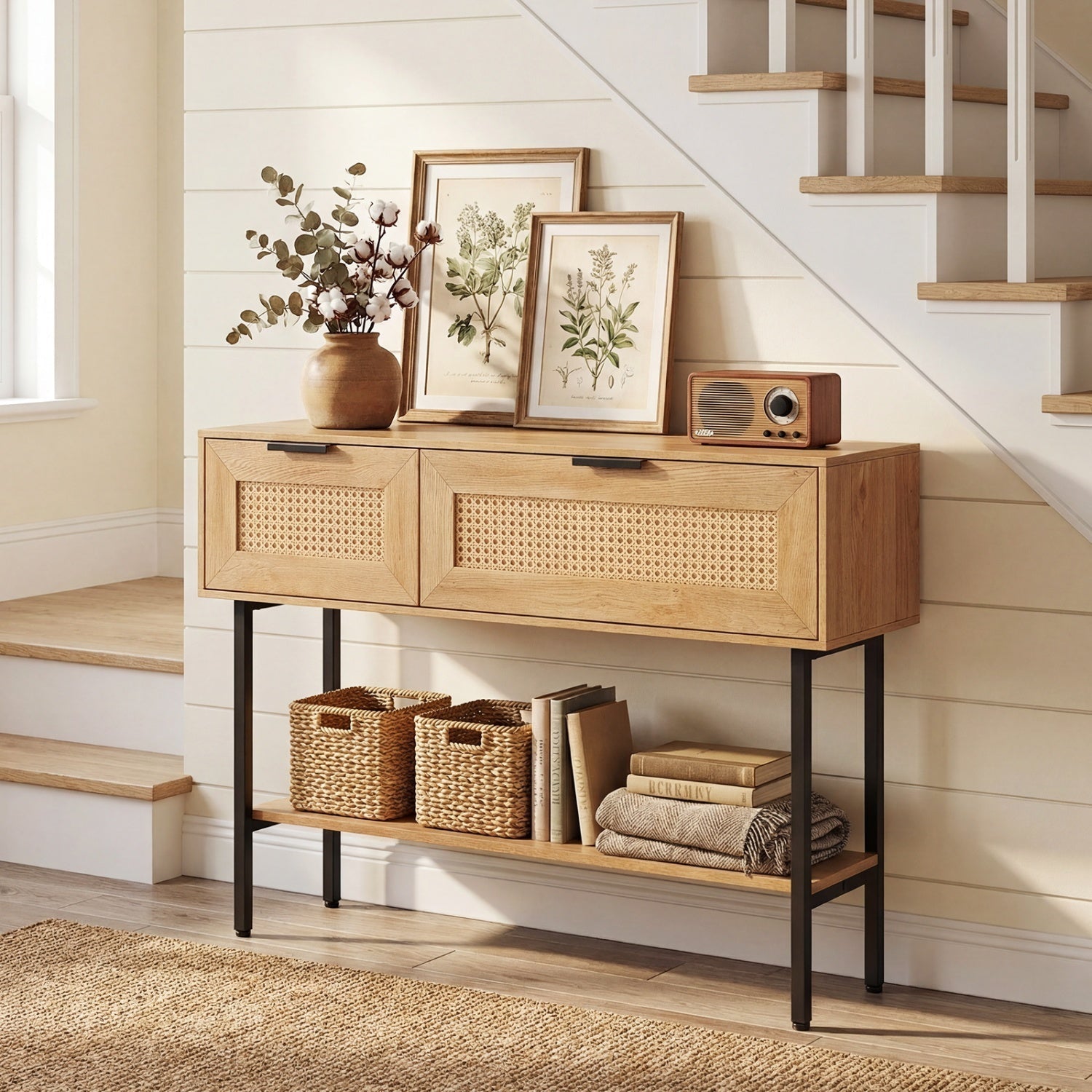 Rattan Console Table with 2 Storage Cabinets Shelf Carbon Steel Frame