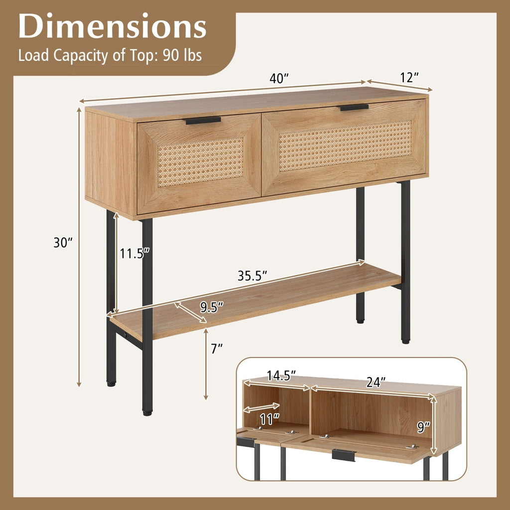 Rattan Console Table with 2 Storage Cabinets Shelf Carbon Steel Frame
