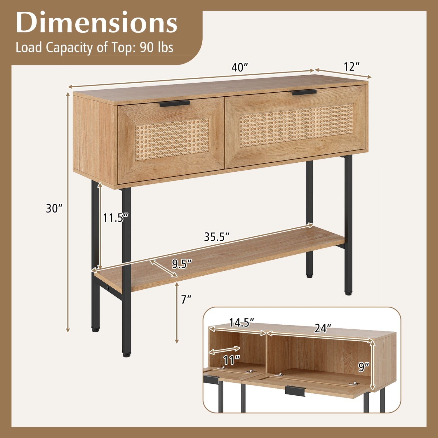 Rattan Console Table with 2 Storage Cabinets Shelf Carbon Steel Frame