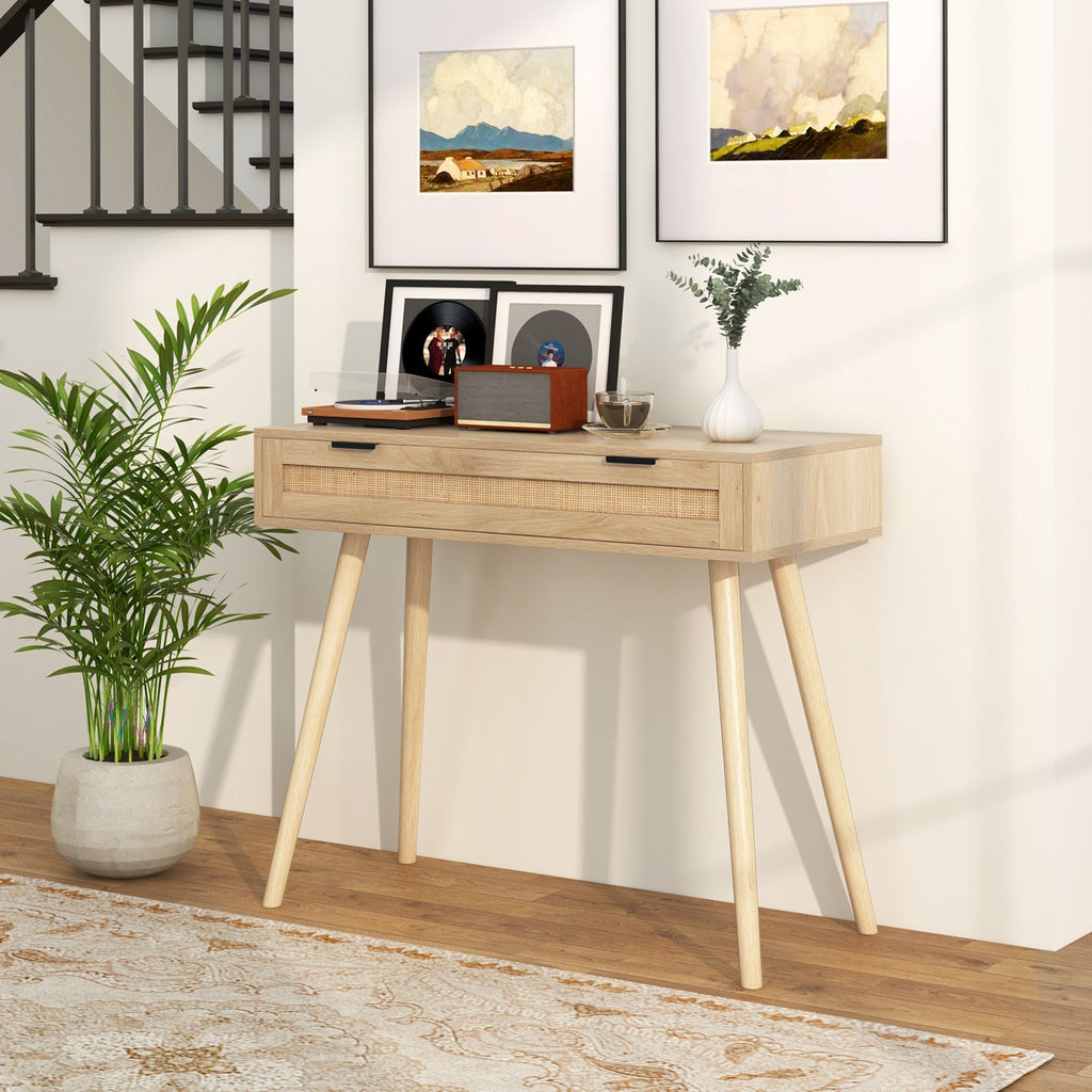 Rattan Console Table with Pull-out Drawer Boho Style Entryway Table-Natural