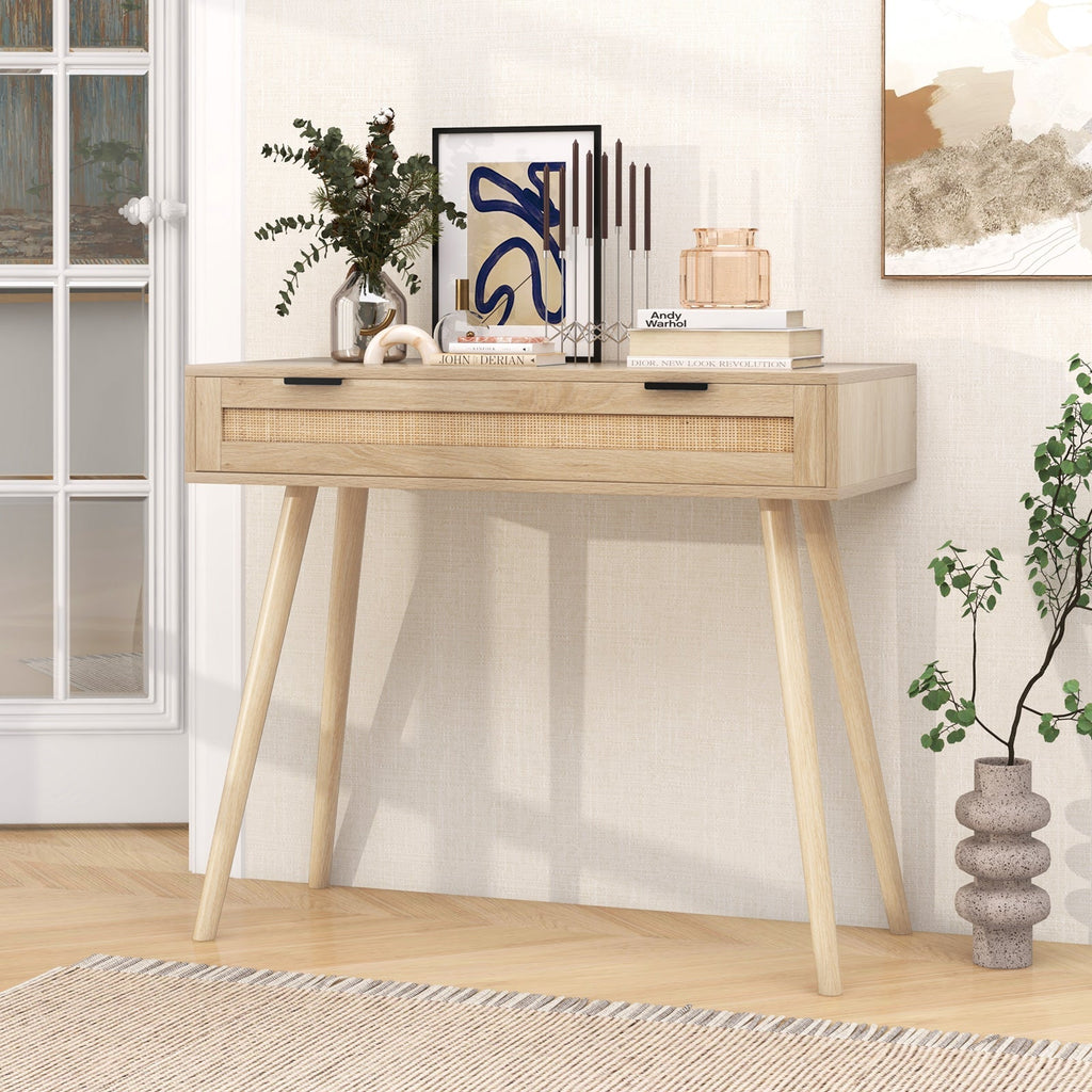 Rattan Console Table with Pull-out Drawer Boho Style Entryway Table-Natural