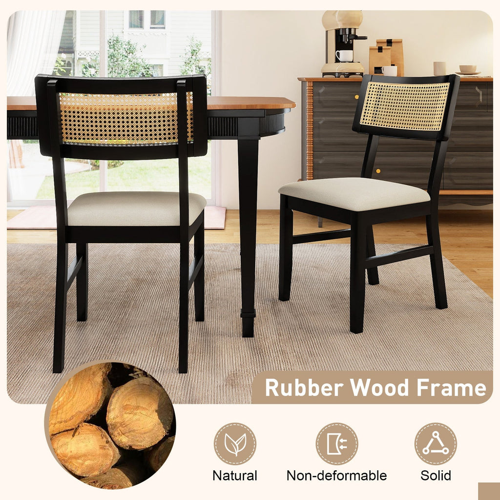 Rattan Dining Chairs Set of 2 Fabric Upholstered Kitchen Chairs with Padded Seat and Rubber Wood Legs-Black