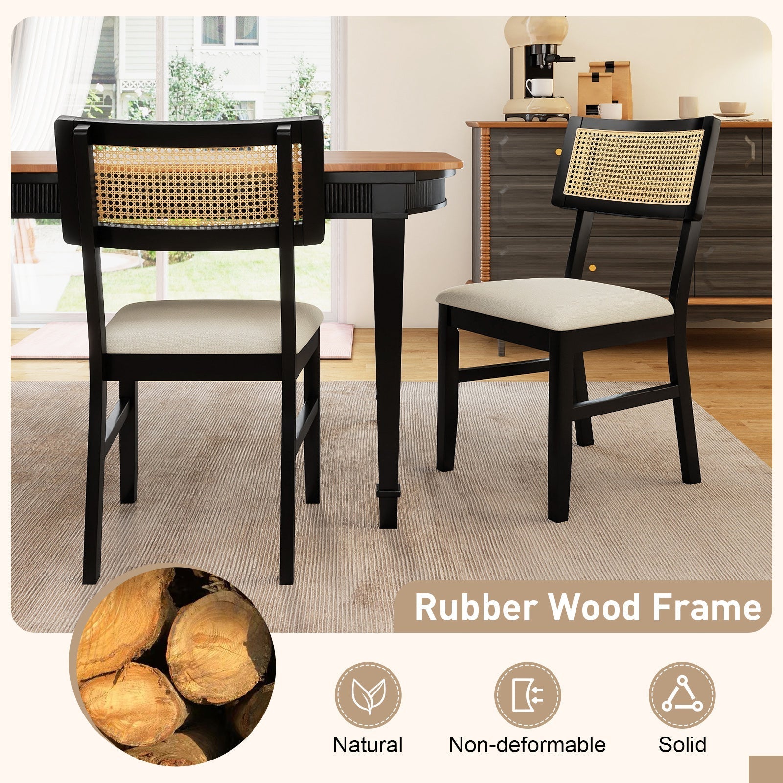 Rattan Dining Chairs Set of 2 Fabric Upholstered Kitchen Chairs with Padded Seat and Rubber Wood Legs-Black
