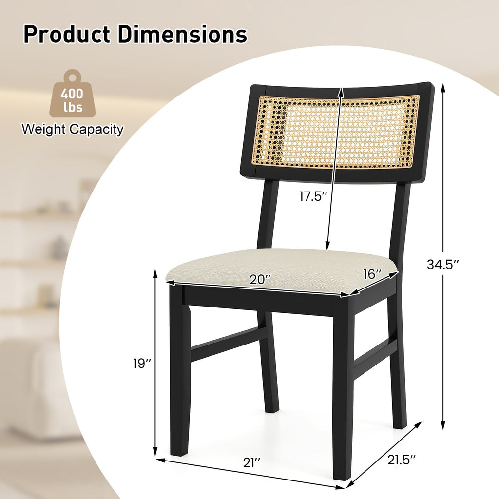 Rattan Dining Chairs Set of 2 Fabric Upholstered Kitchen Chairs with Padded Seat and Rubber Wood Legs-Black