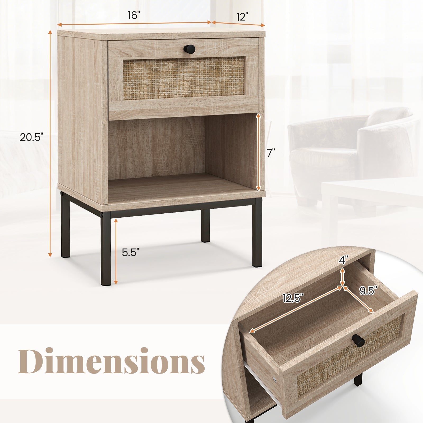 Rattan Nightstand Boho End Table with Rattan Drawer and Open Shelf Set of 2