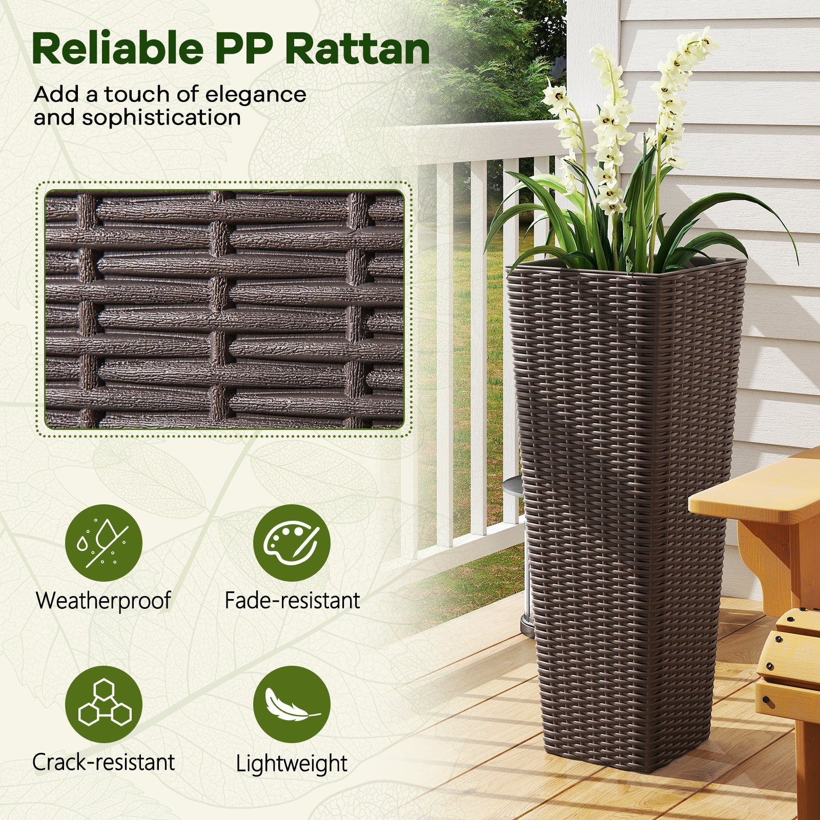 Rattan Tall Planter Set of 2 Outdoor Large Tapered Planters with Removable Inner Trays