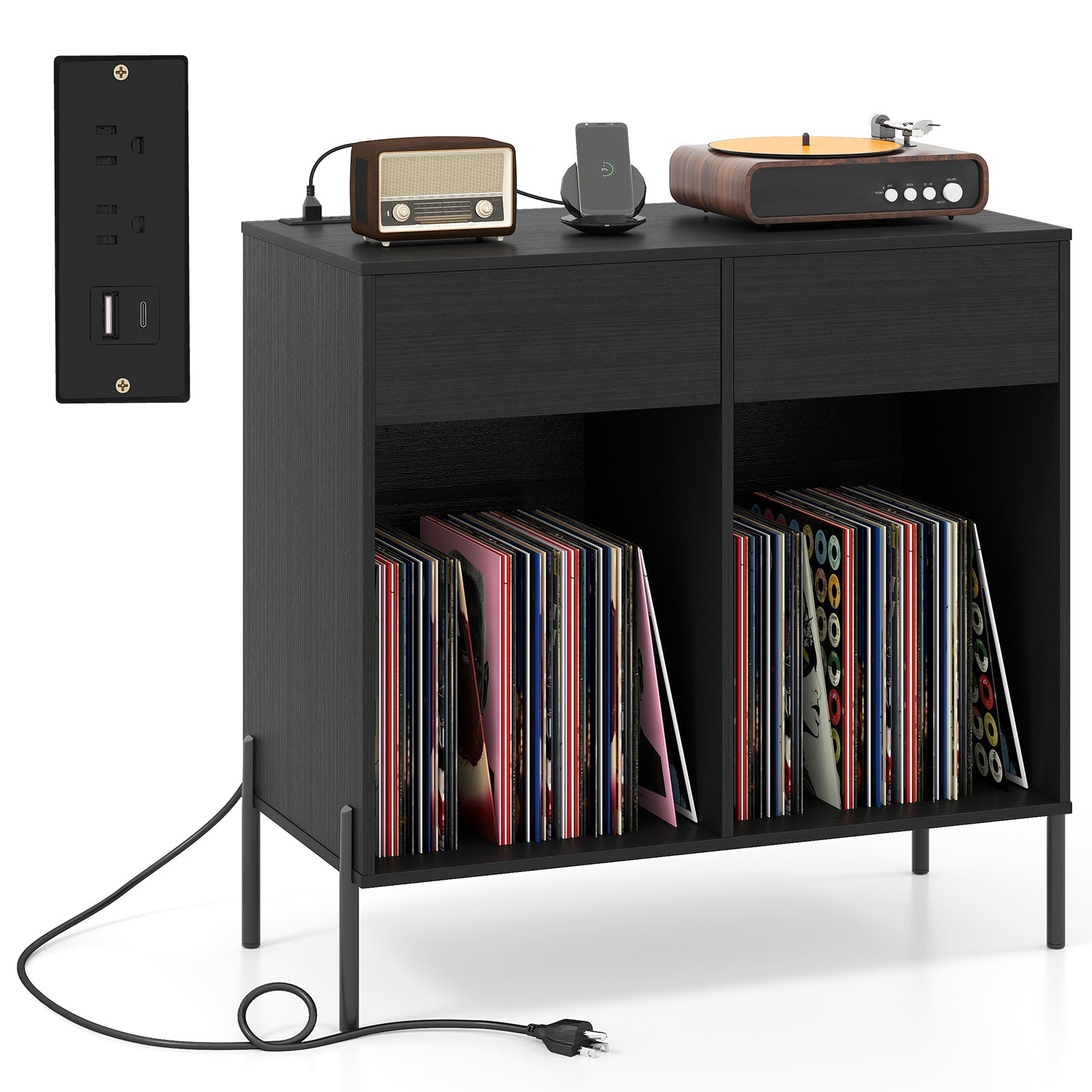 Record Player Stand with Power Outlets Double Wide Turntable Stand Vinyl Record Storage Table