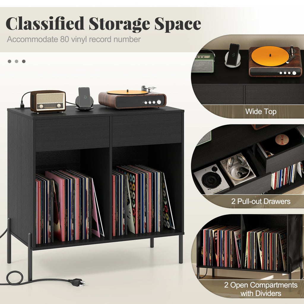 Record Player Stand with Power Outlets Double Wide Turntable Stand Vinyl Record Storage Table