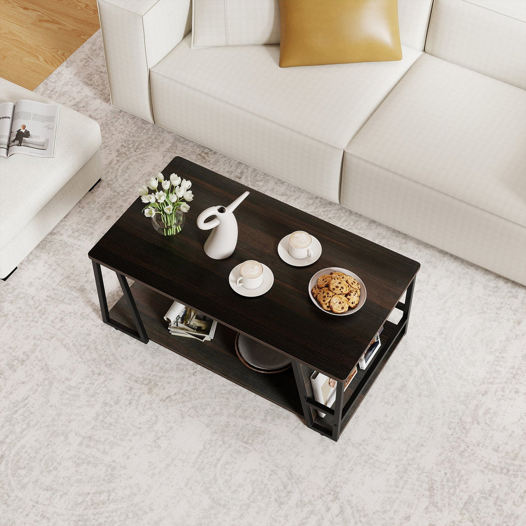 Rectangle Coffee Table 2-tier Industrial Accent Table with Storage Shelf and Compartment
