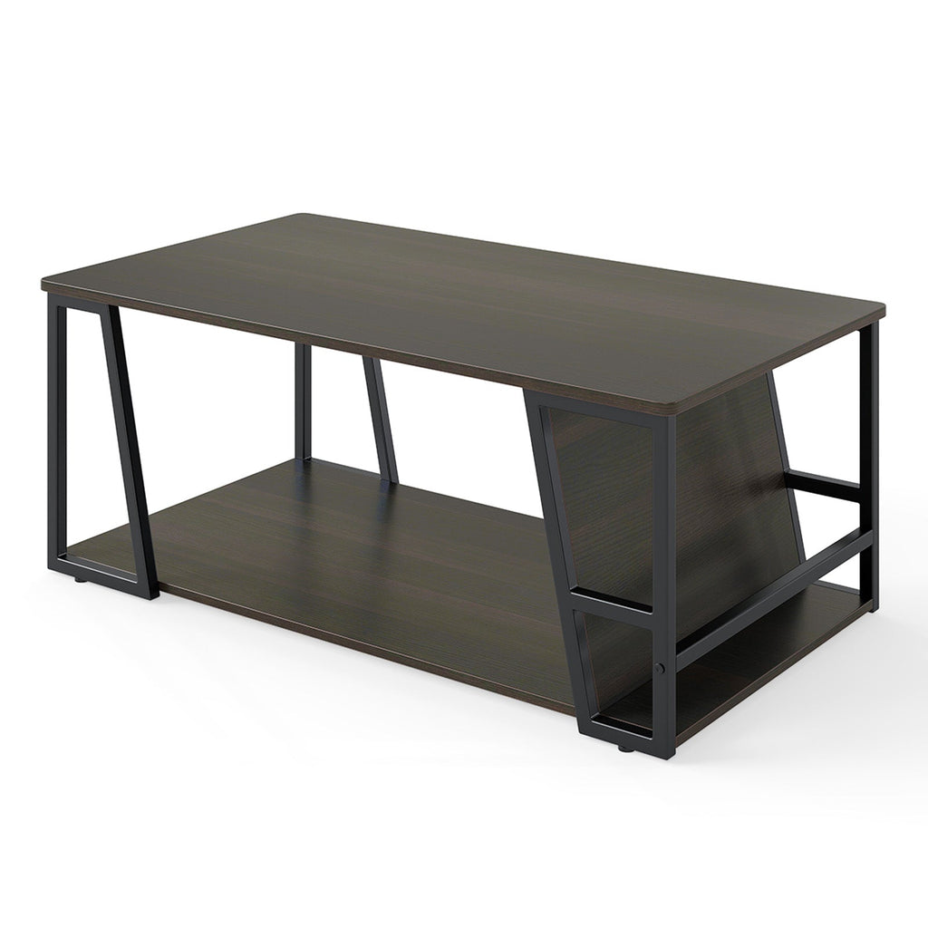 Rectangle Coffee Table 2-tier Industrial Accent Table with Storage Shelf and Compartment
