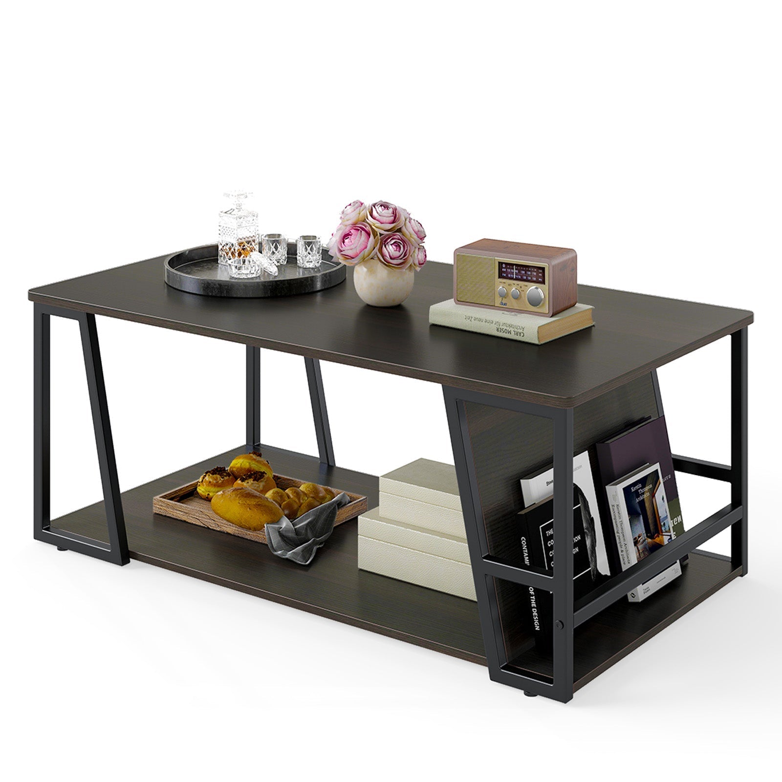 Rectangle Coffee Table 2-tier Industrial Accent Table with Storage Shelf and Compartment