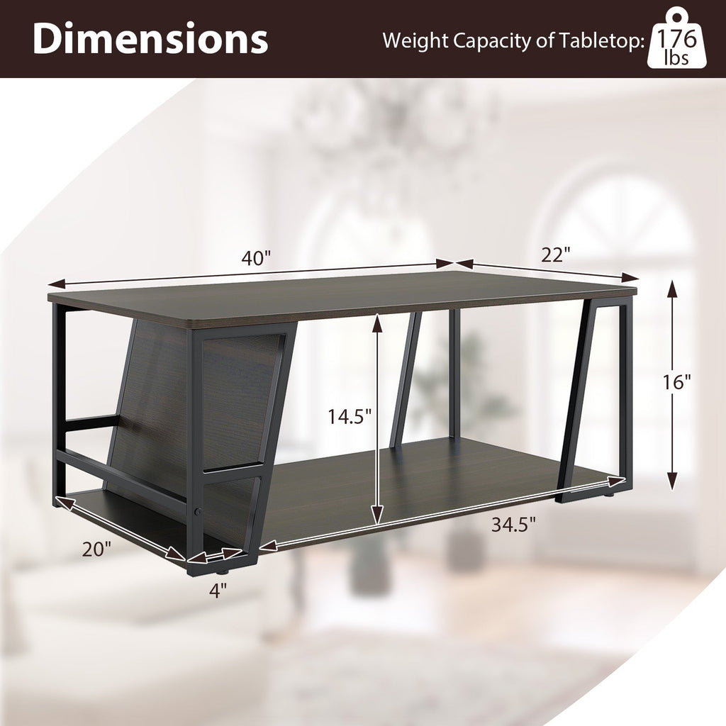 Rectangle Coffee Table 2-tier Industrial Accent Table with Storage Shelf and Compartment