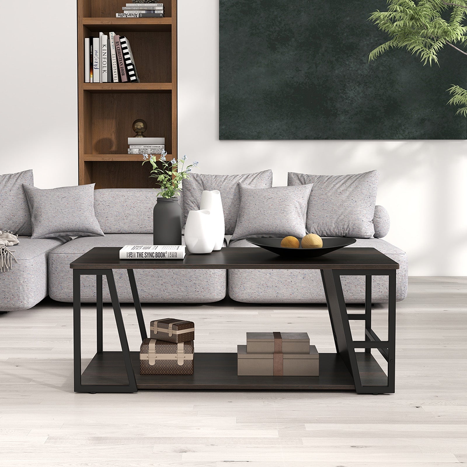 Rectangle Coffee Table 2-tier Industrial Accent Table with Storage Shelf and Compartment