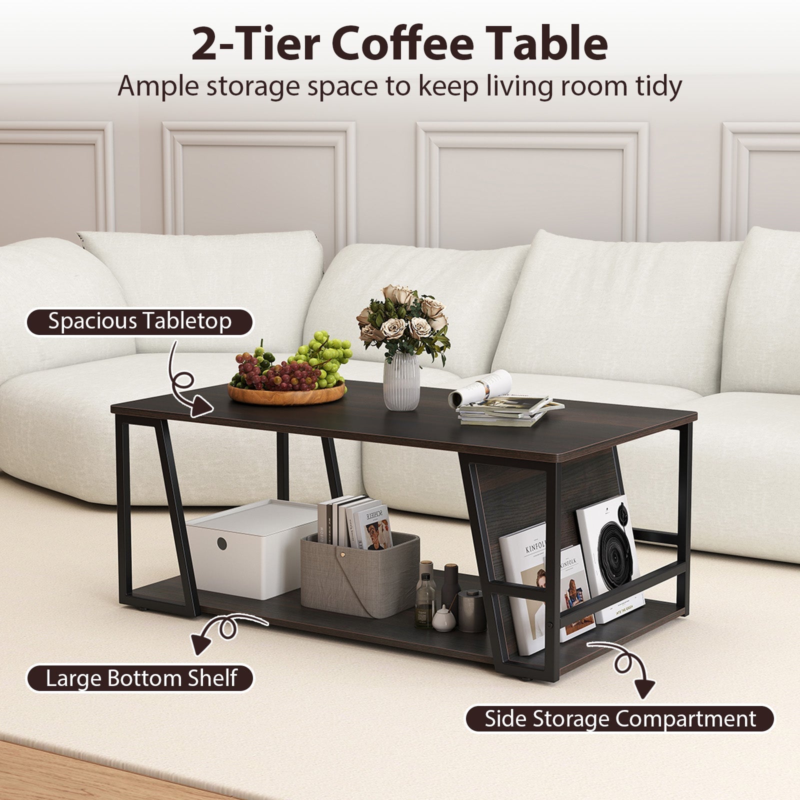 Rectangle Coffee Table 2-tier Industrial Accent Table with Storage Shelf and Compartment