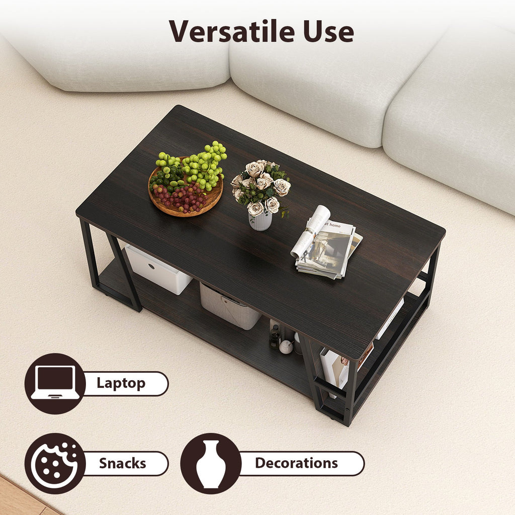 Rectangle Coffee Table 2-tier Industrial Accent Table with Storage Shelf and Compartment