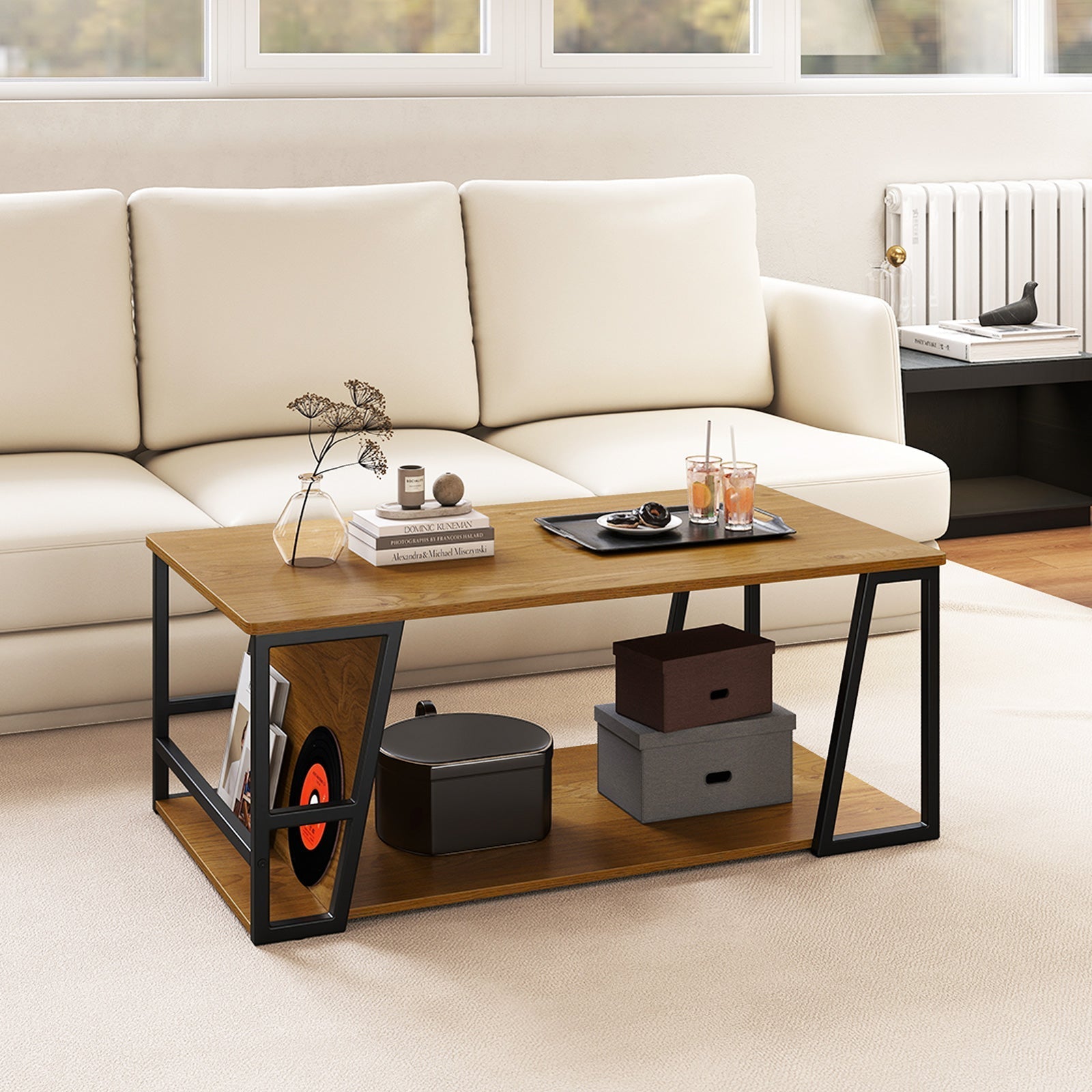Rectangle Coffee Table 2-tier Industrial Accent Table with Storage Shelf and Compartment