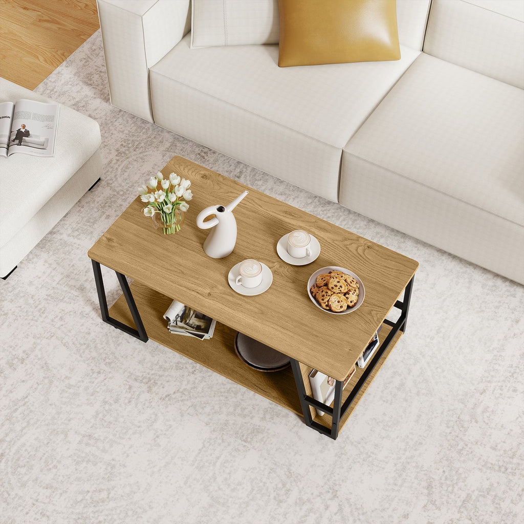 Rectangle Coffee Table 2-tier Industrial Accent Table with Storage Shelf and Compartment