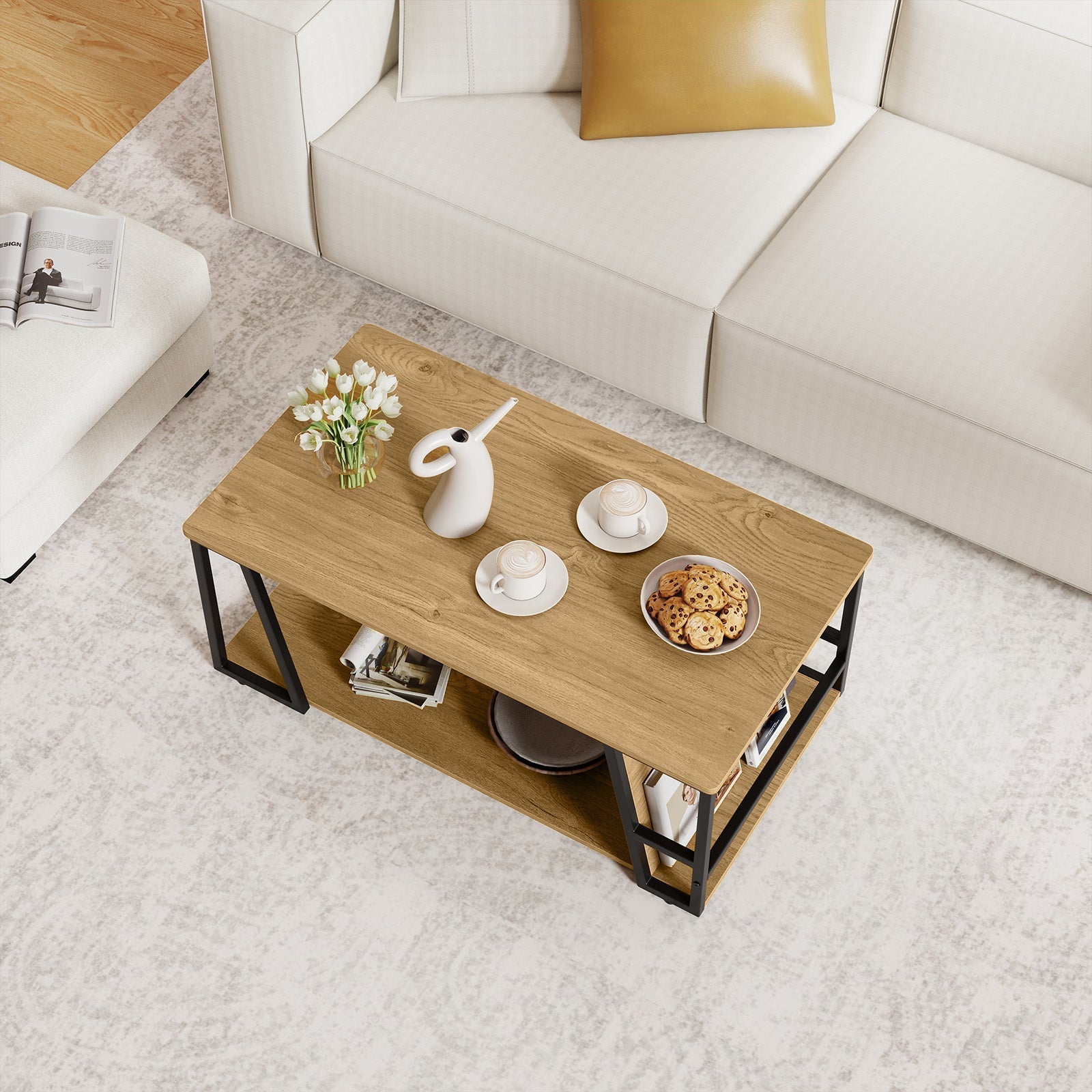 Rectangle Coffee Table 2-tier Industrial Accent Table with Storage Shelf and Compartment