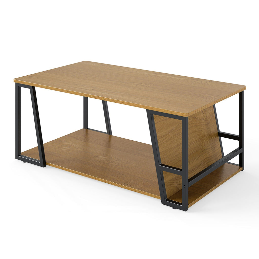 Rectangle Coffee Table 2-tier Industrial Accent Table with Storage Shelf and Compartment