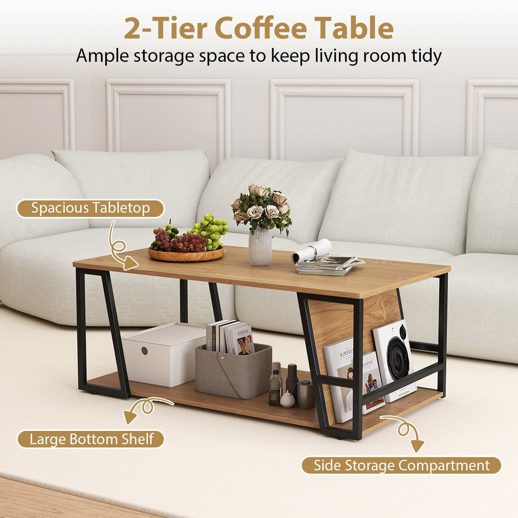 Rectangle Coffee Table 2-tier Industrial Accent Table with Storage Shelf and Compartment