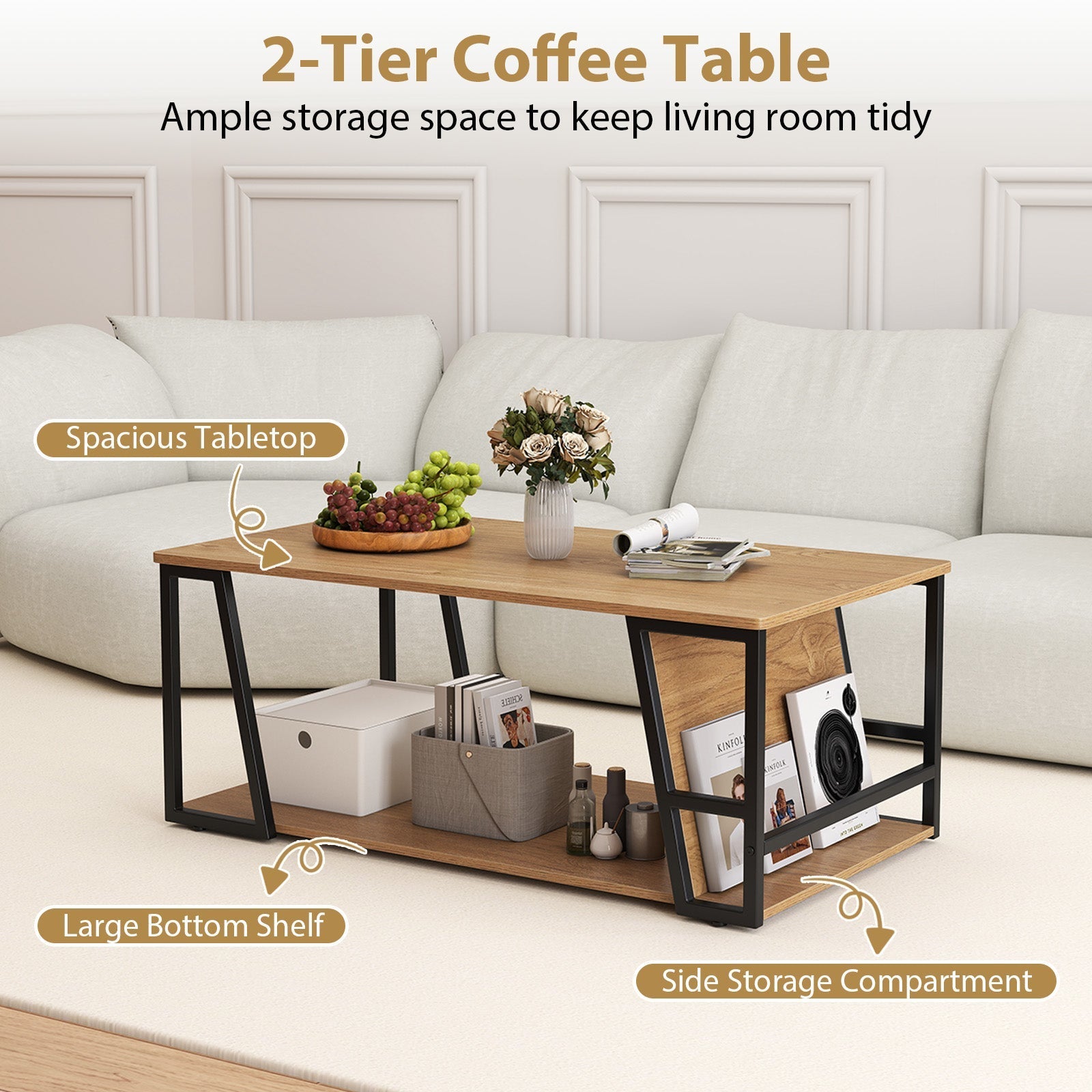 Rectangle Coffee Table 2-tier Industrial Accent Table with Storage Shelf and Compartment