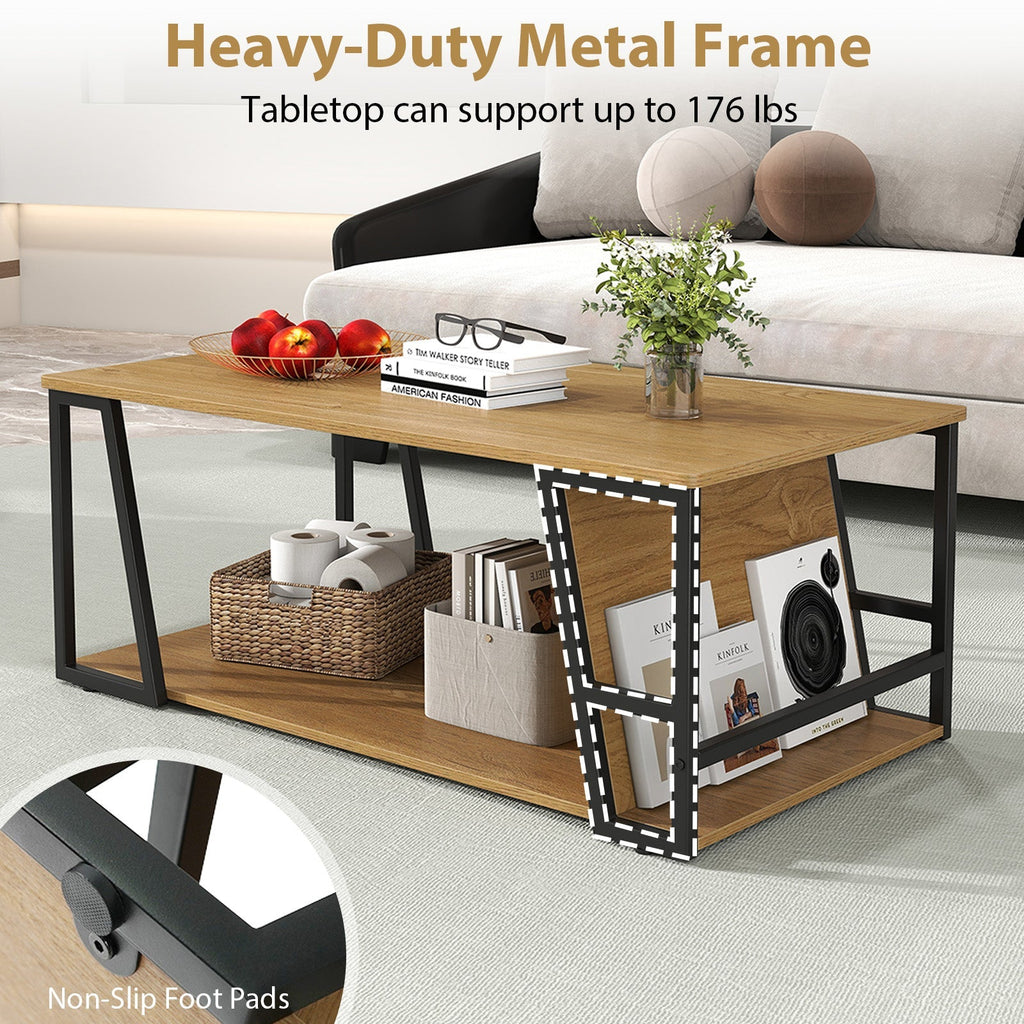 Rectangle Coffee Table 2-tier Industrial Accent Table with Storage Shelf and Compartment