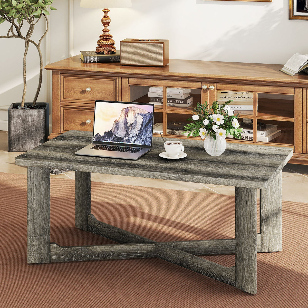 Rectangle Coffee Table Rubber Wood Base with X-Shaped Base-Gray