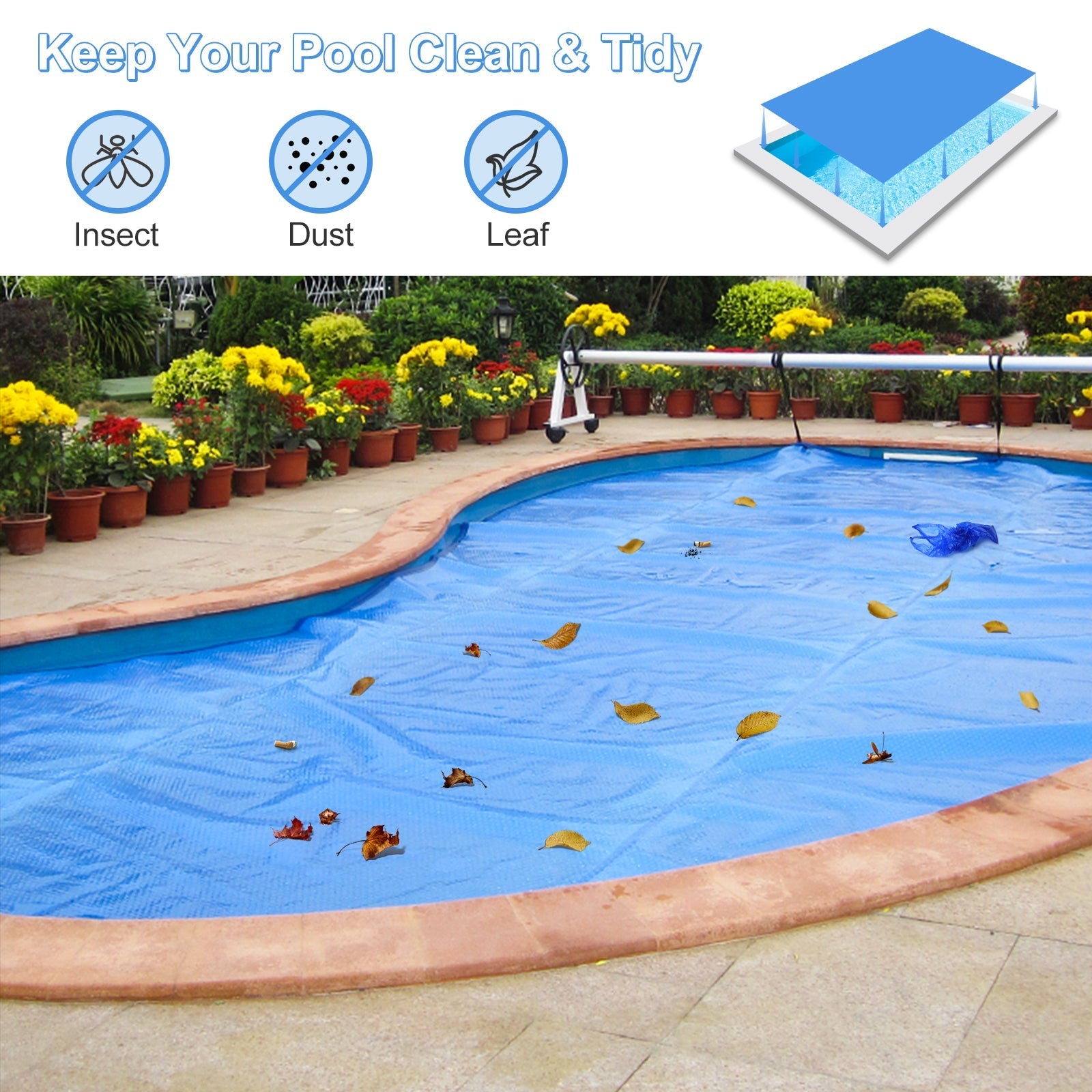 Rectangle Swimming Pool Cover 12-MIL Heat Retaining Pool Solar Blanket with Carrying Bag