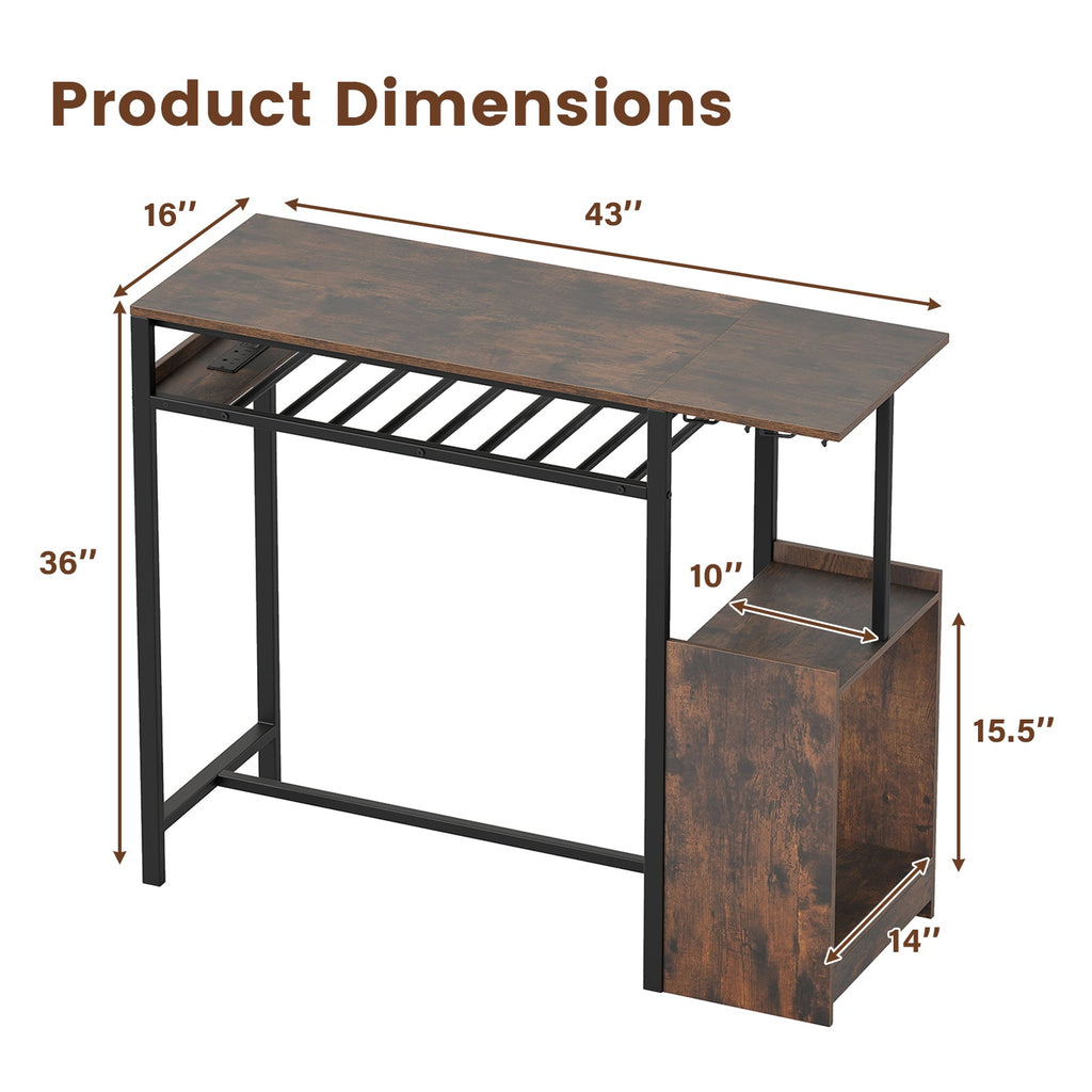 Rectangular Bar Table with Charging Station and LED Light-Rustic Brown