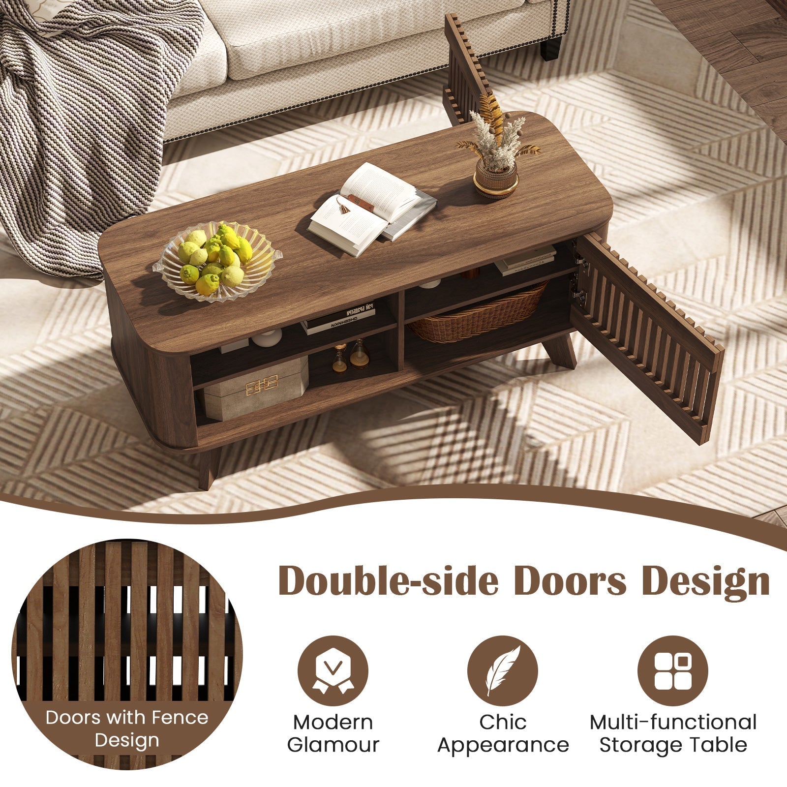 Rectangular Coffee Table with Storage and Adjustable Shelves-Walnut
