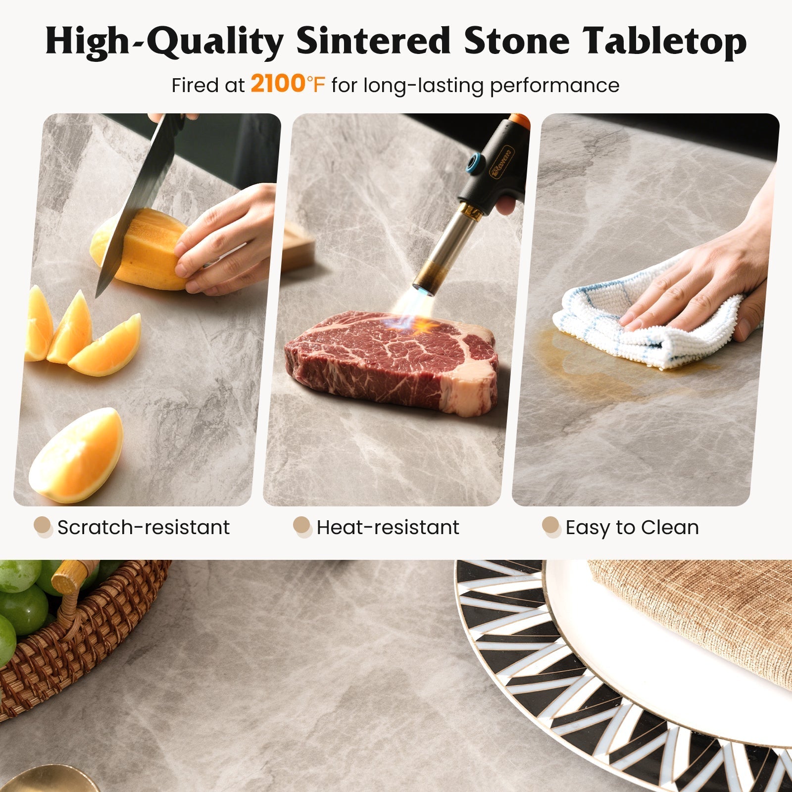 Rectangular Modern Sintered Stone Dining Table for 4 People-Grey