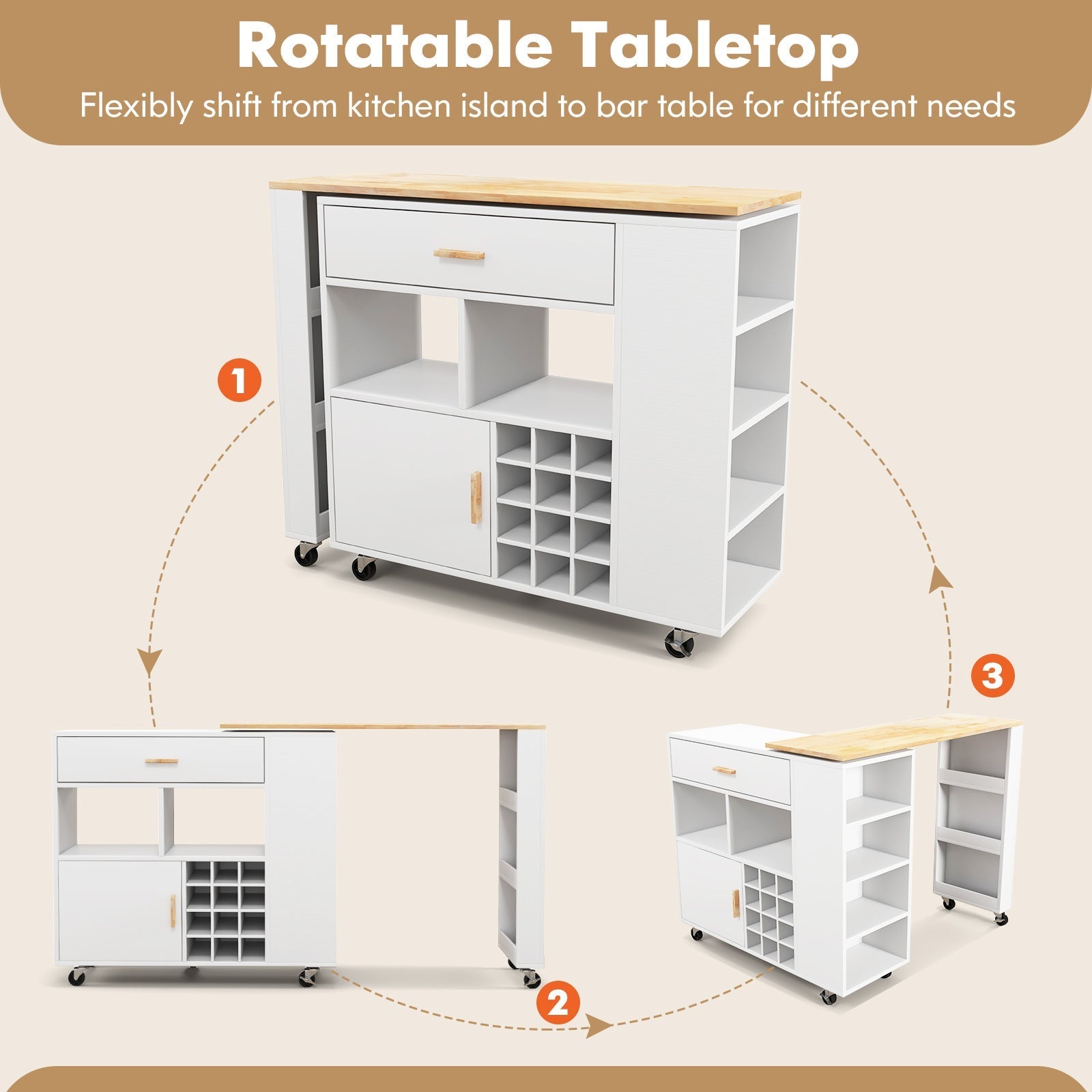 Reversible Folding Kitchen Island Cart with Wine Rack and Spice Rack