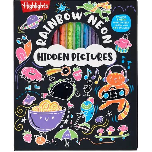 Rainbow Neon Hidden Pictures: Rainbow Activity Book with Neon Markers and Over 40 Stickers, Fun Sticker Puzzle Book for Creative Kids Ages 6-12 - Hardcover