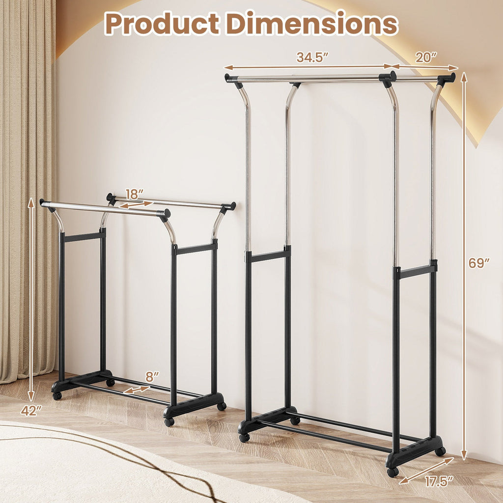 Rolling Clothes Rack Double Rod Garment Rack with Adjustable Height