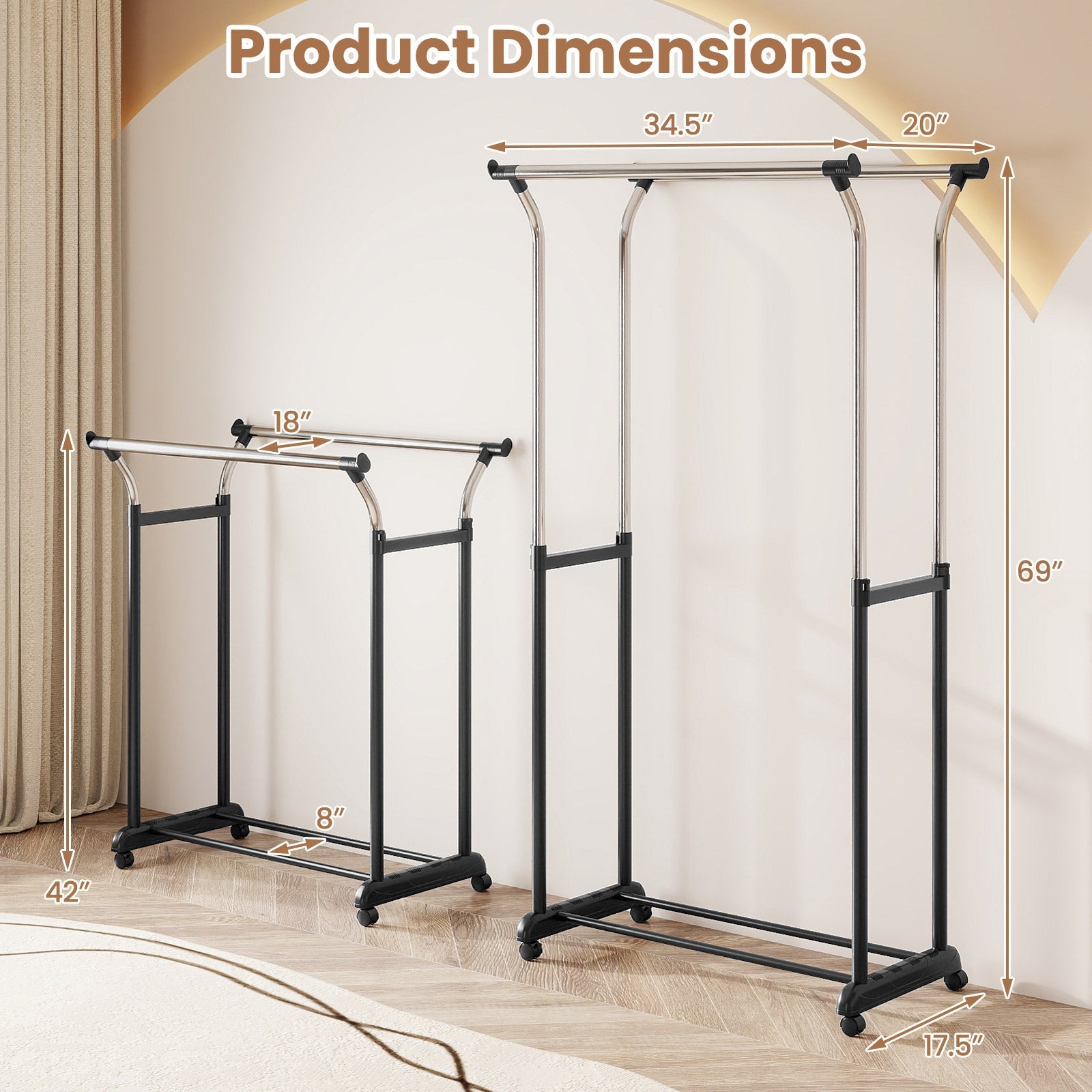 Rolling Clothes Rack Double Rod Garment Rack with Adjustable Height