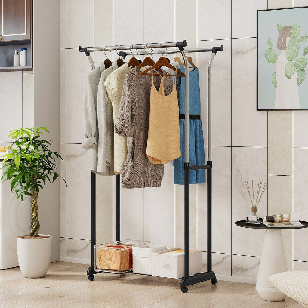 Rolling Clothes Rack Double Rod Garment Rack with Adjustable Height