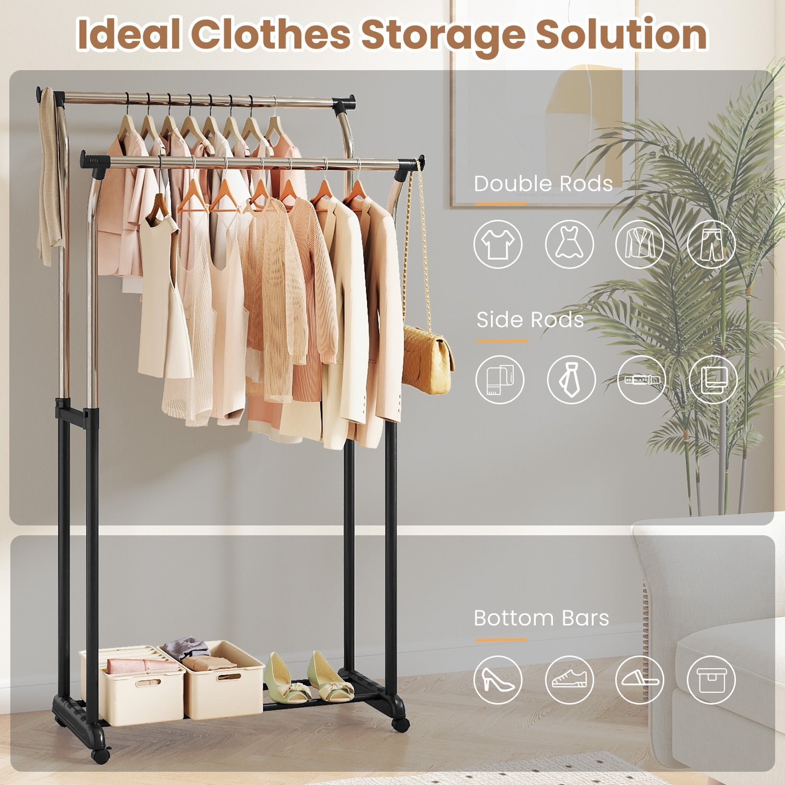 Rolling Clothes Rack Double Rod Garment Rack with Adjustable Height