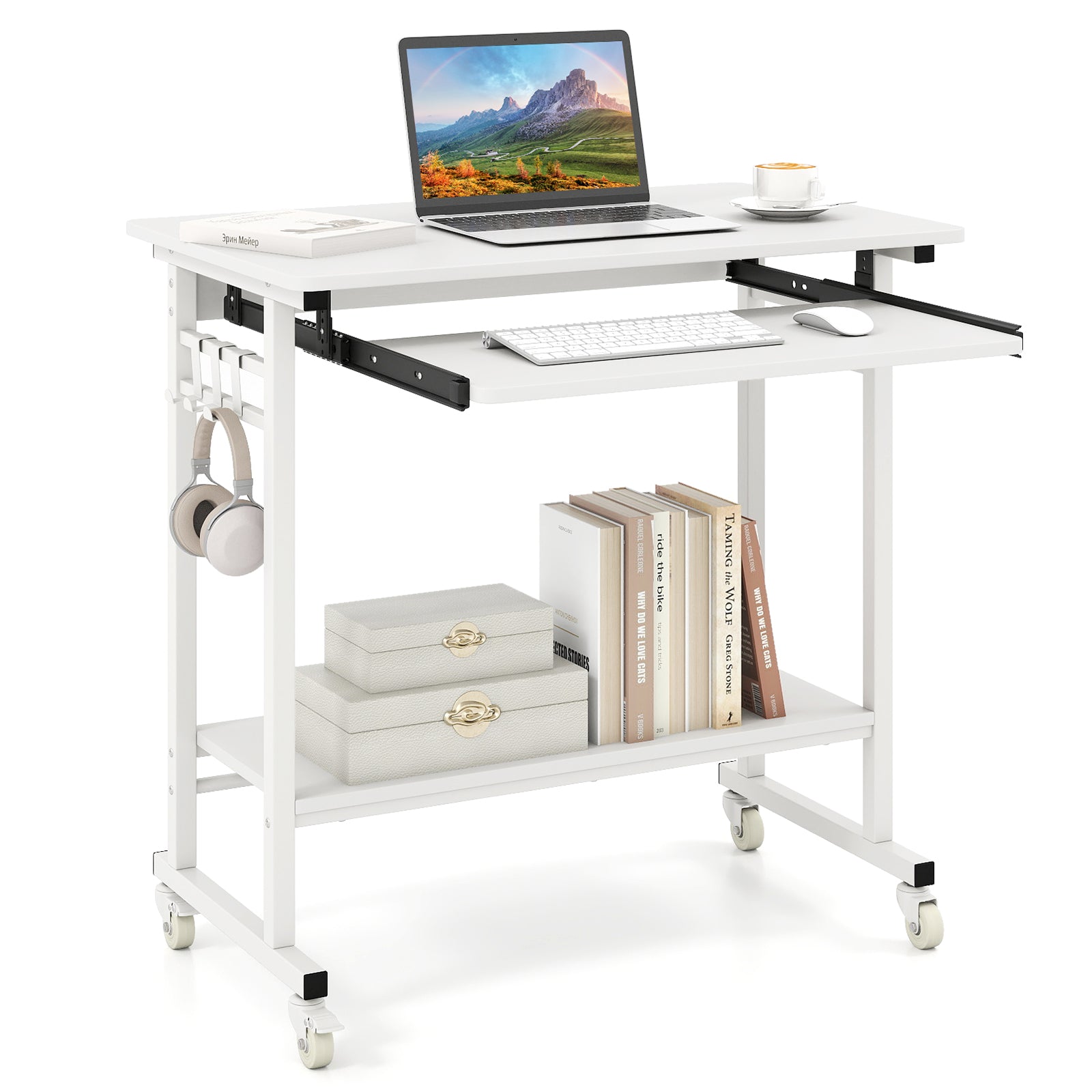 Rolling Laptop Table with Pull-out Keyboard Tray and Hooks
